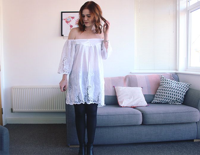 white crochet smock dress boohoo